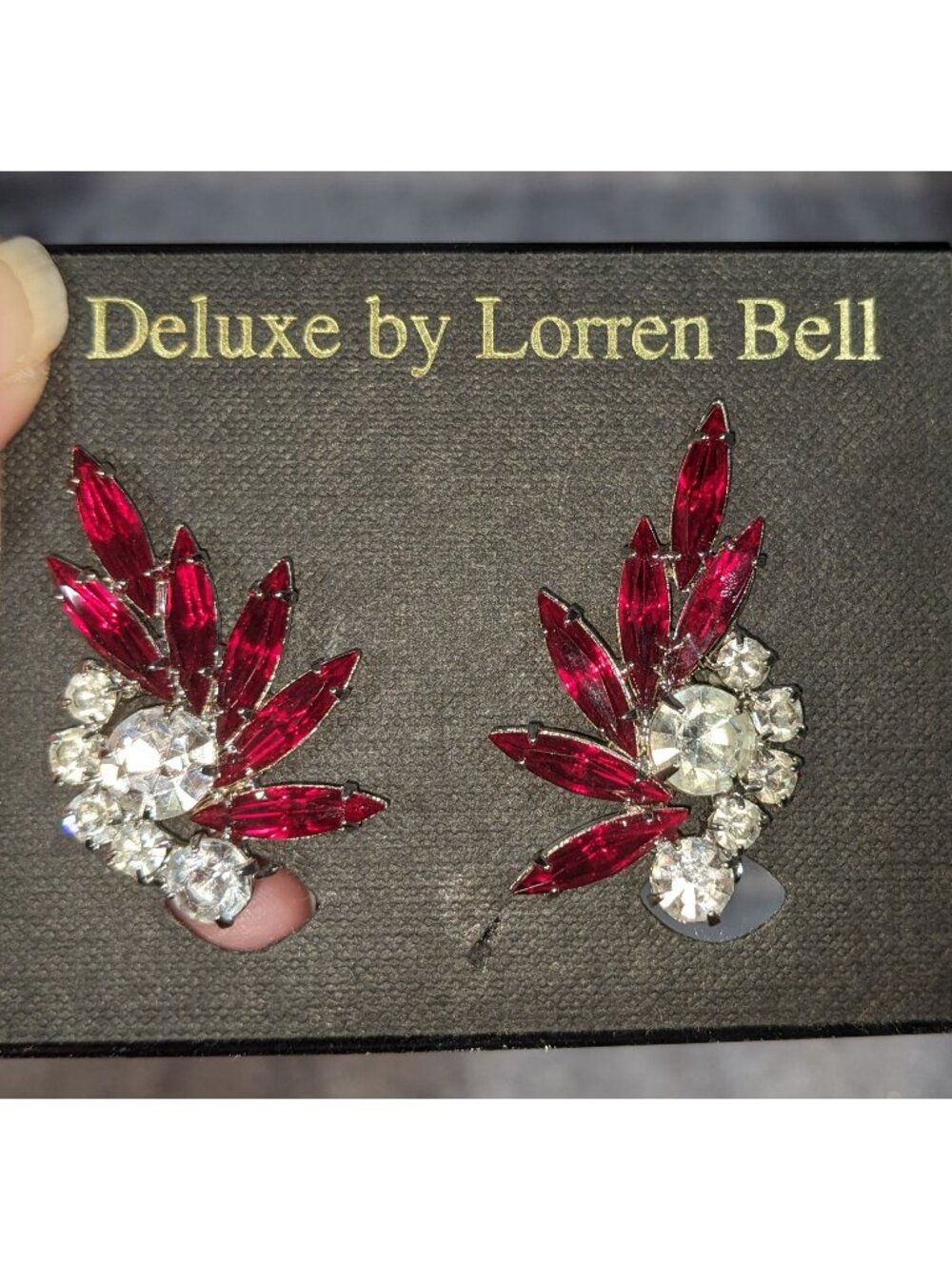 Deluxe by Lorren Bell Vintage 90s Glam Rhinestone Red Clip On Earrings NWT